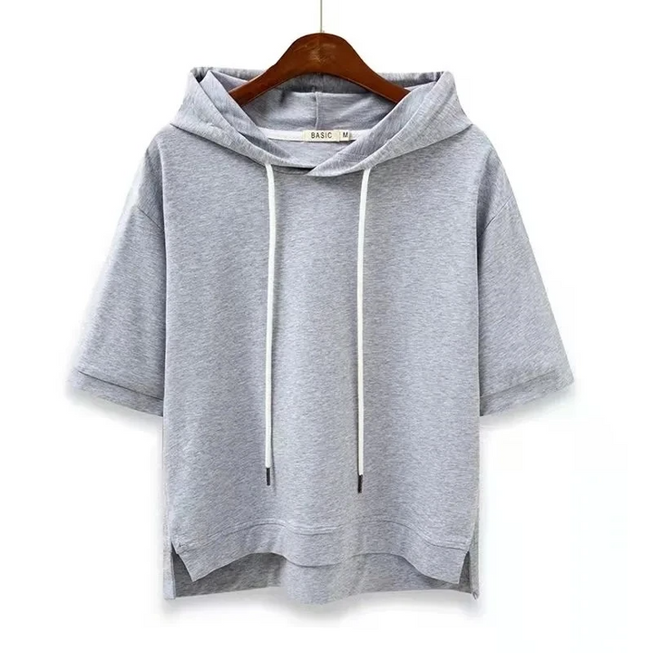 Versatile women's short-sleeve hoodie for casual wear, athleisure, or comfortable loungewear. Modern style.
