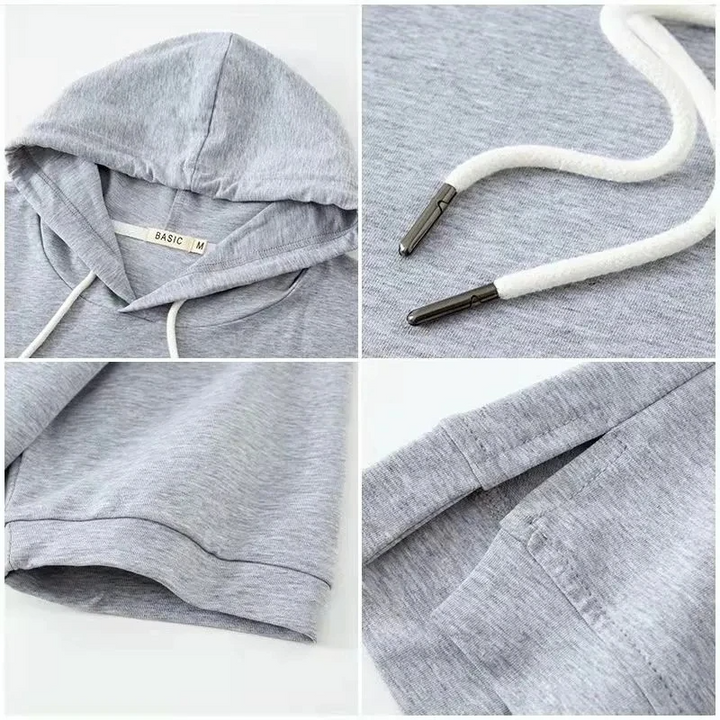 Chic women's short-sleeve hoodie, relaxed fit, perfect for modern spring fashion, summer tops & athleisure style.