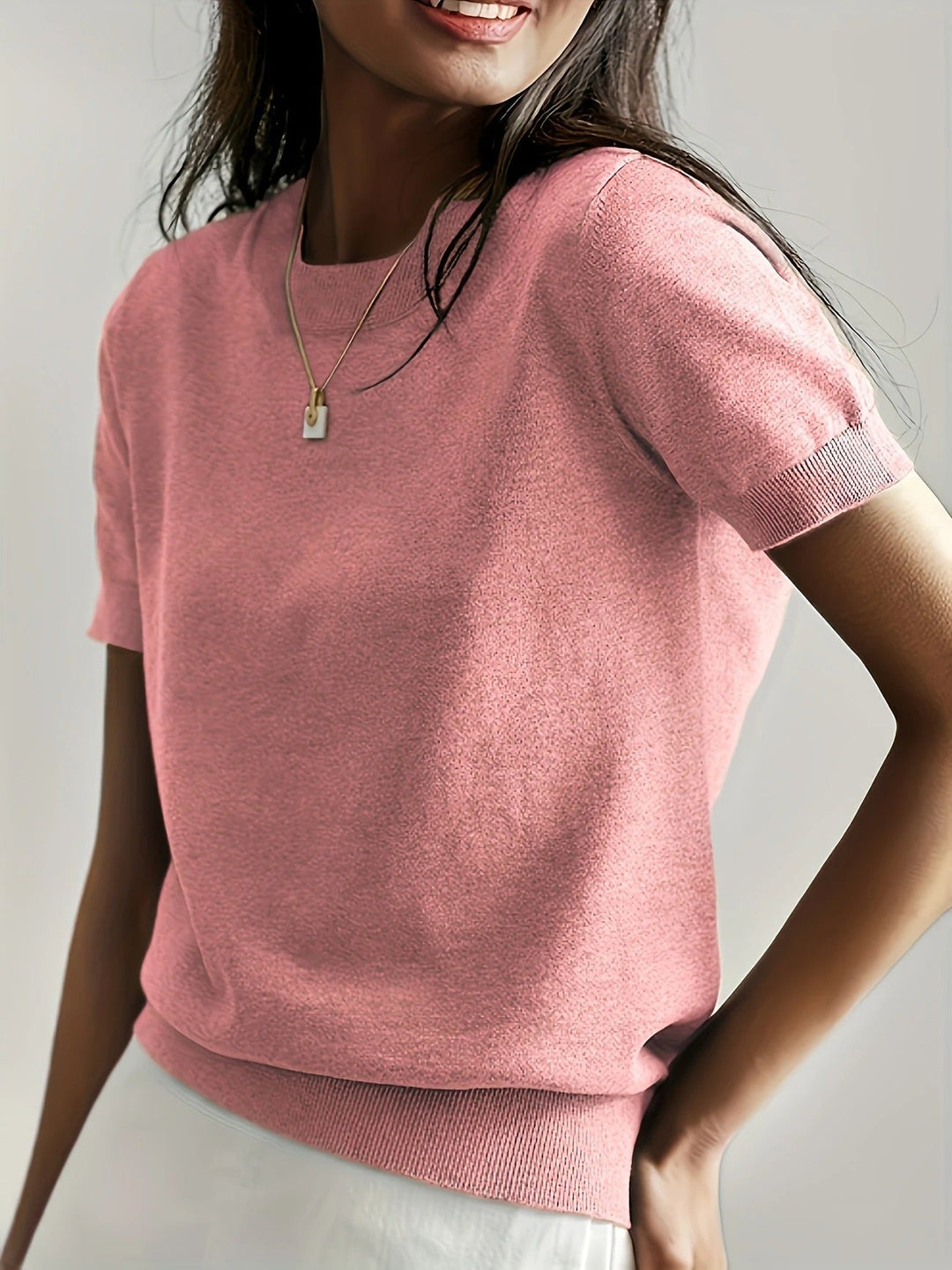 Chic women's short sleeve tee, ribbed hem, crew neck. Perfect versatile summer casual wear.