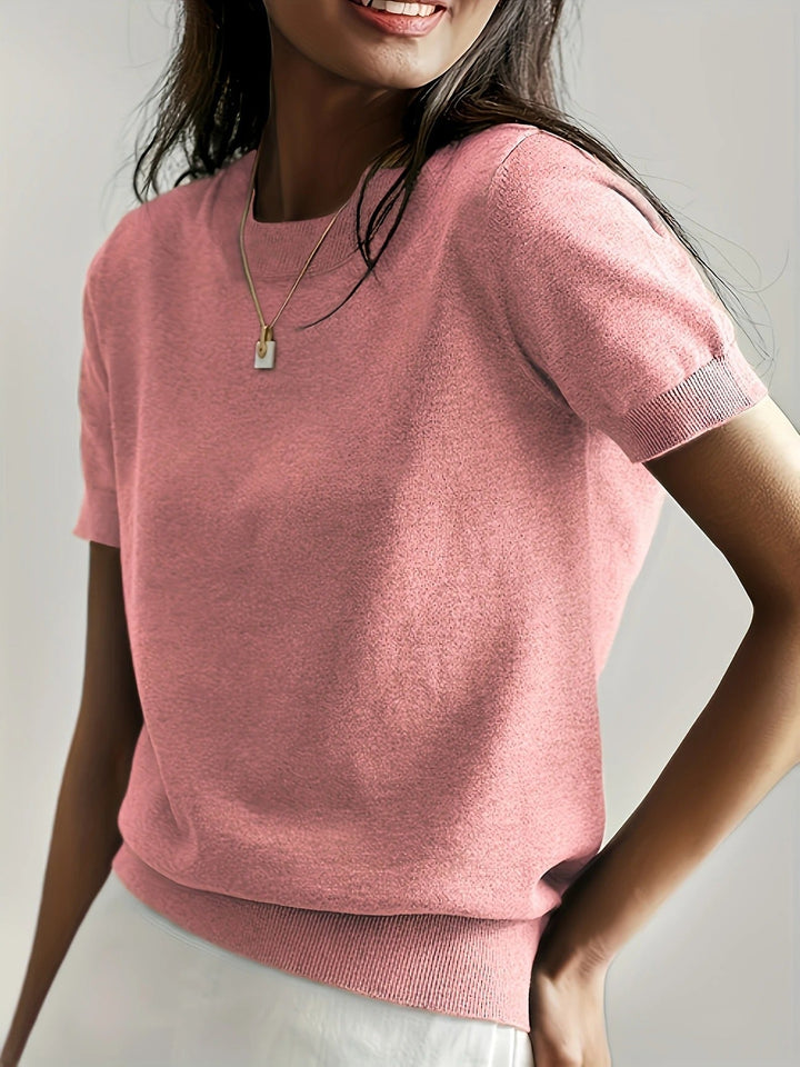 Chic women's short sleeve tee, ribbed hem, crew neck. Perfect versatile summer casual wear.