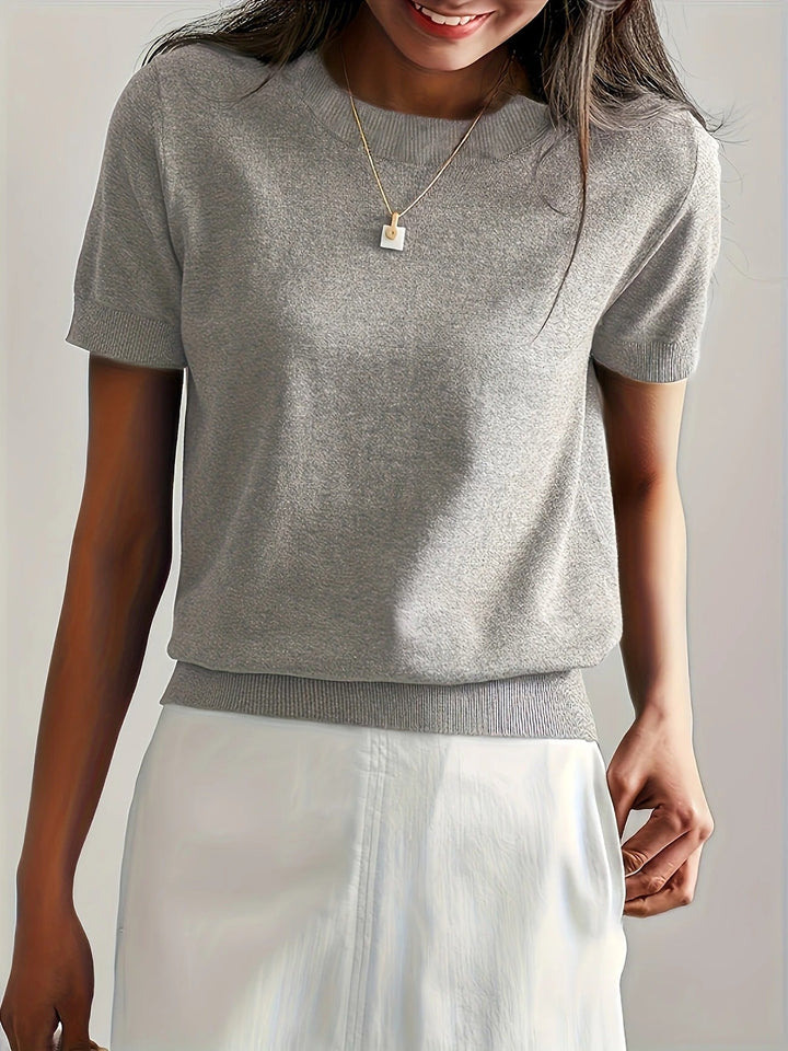 Women's summer short sleeve tee, breathable knit, crew neck, ribbed hem. Chic & comfy.