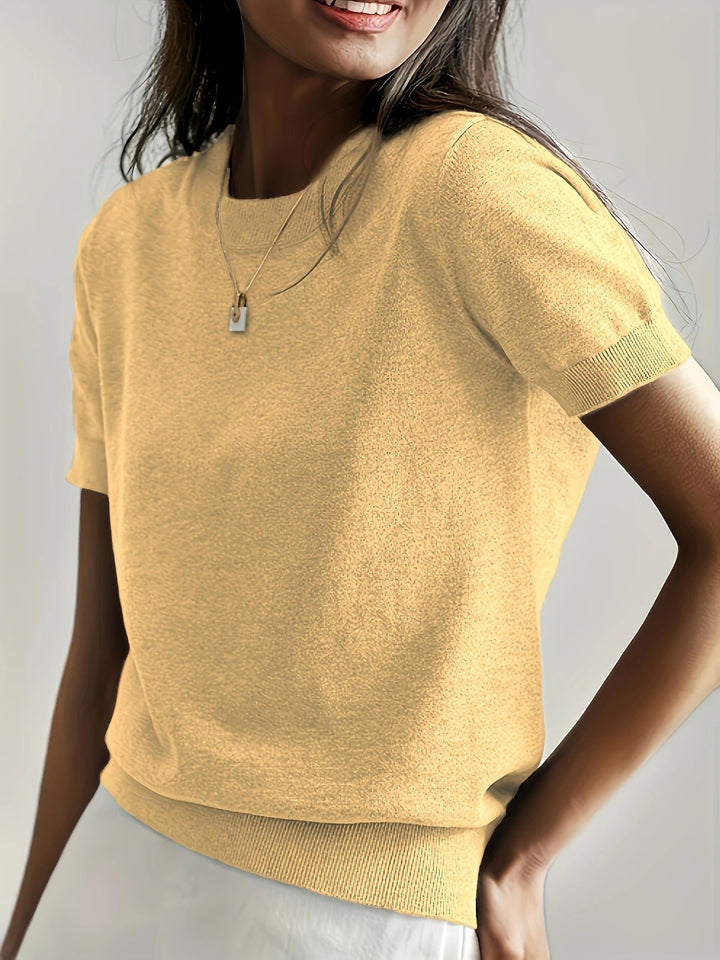 Stylish women's ribbed hem knit tee, short sleeves, crew neck. Perfect casual summer top.