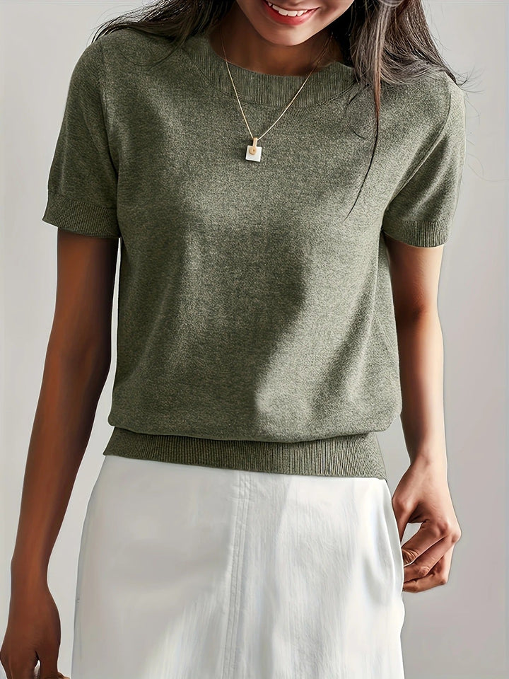 Everyday women's ribbed hem knit tee, short sleeves, crew neck. A chic summer essential.