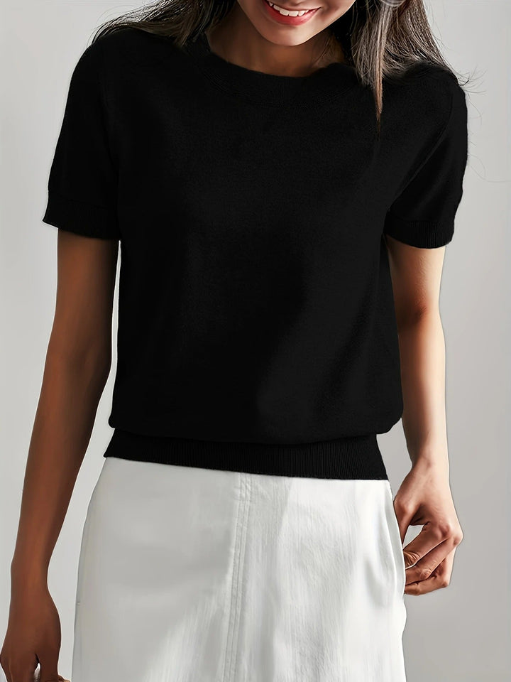 Comfortable women's crew neck tee with short sleeves and a stylish ribbed hem.