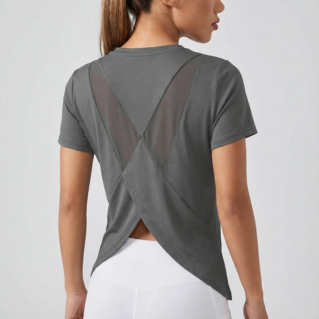 Women's athletic short sleeve top Joyce featuring a functional back cutout for ventilation
