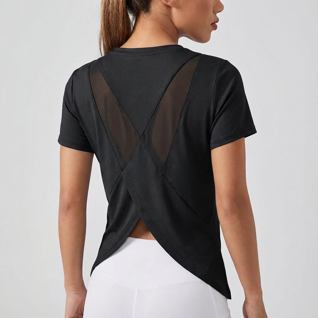 Short sleeve workout shirt Joyce with unique back cutout detail, perfect for active women
