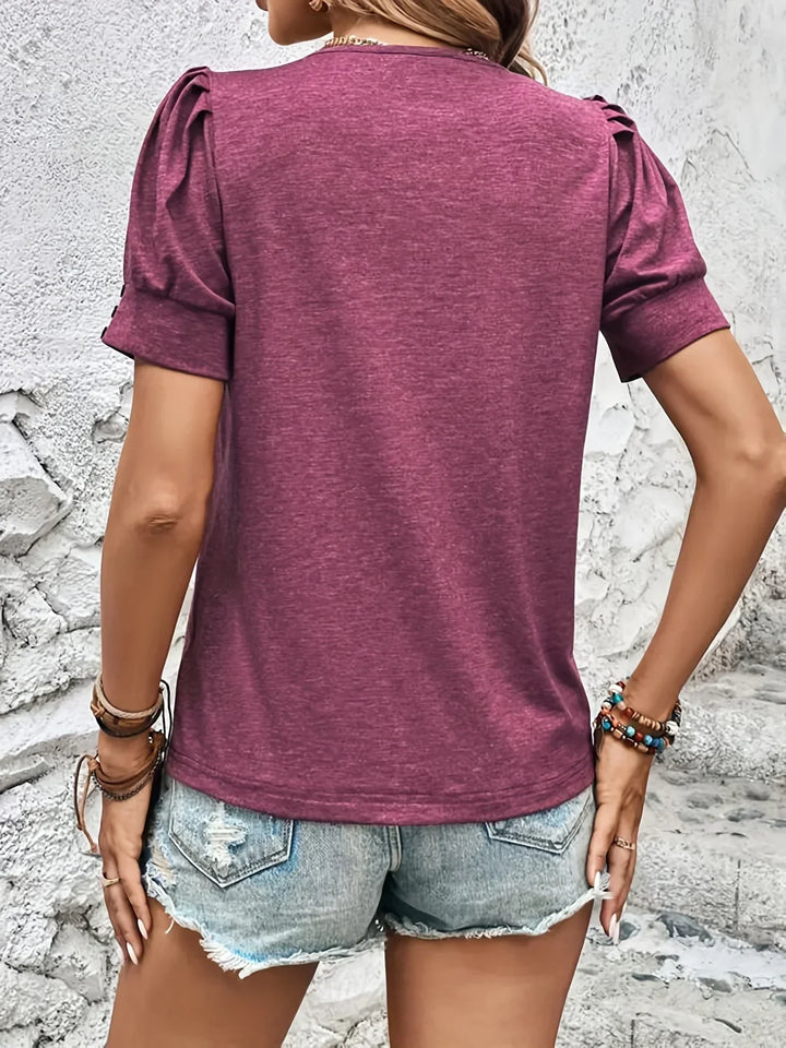 Soft women's ruffle short sleeve top, offering a trendy fit and versatile style for spring and summer.
