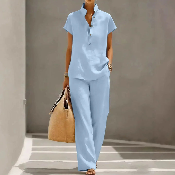 Women's short sleeve two-piece lounge set with relaxed fit & wide leg pants. Perfect comfortable casual outfit.