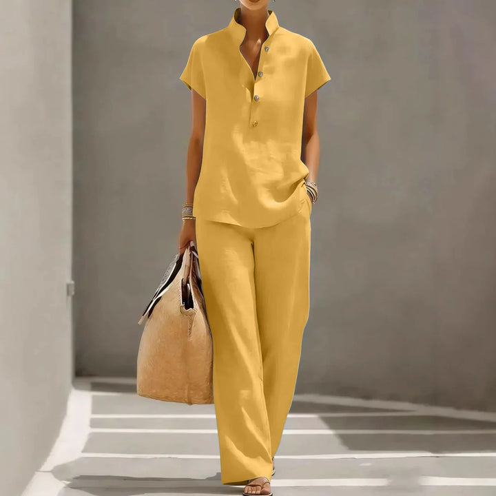 Comfortable two-piece short sleeve lounge set for women; ideal for home wear, travel, or everyday casual style.
