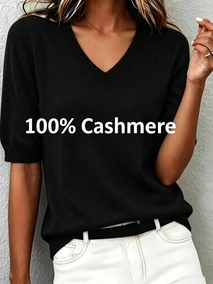 Classic women's short-sleeve V-neck sweater, essential knitwear for effortless everyday elegance.