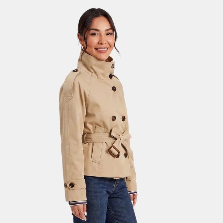 Classic women's short belted trench coat, a chic and adaptable fashion statement for any season.