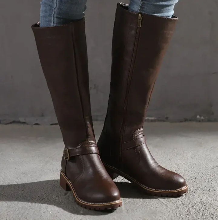 Elegant black women's Siena knee-high block heel boots. Stylish & comfortable tall footwear for formal or casual wear.