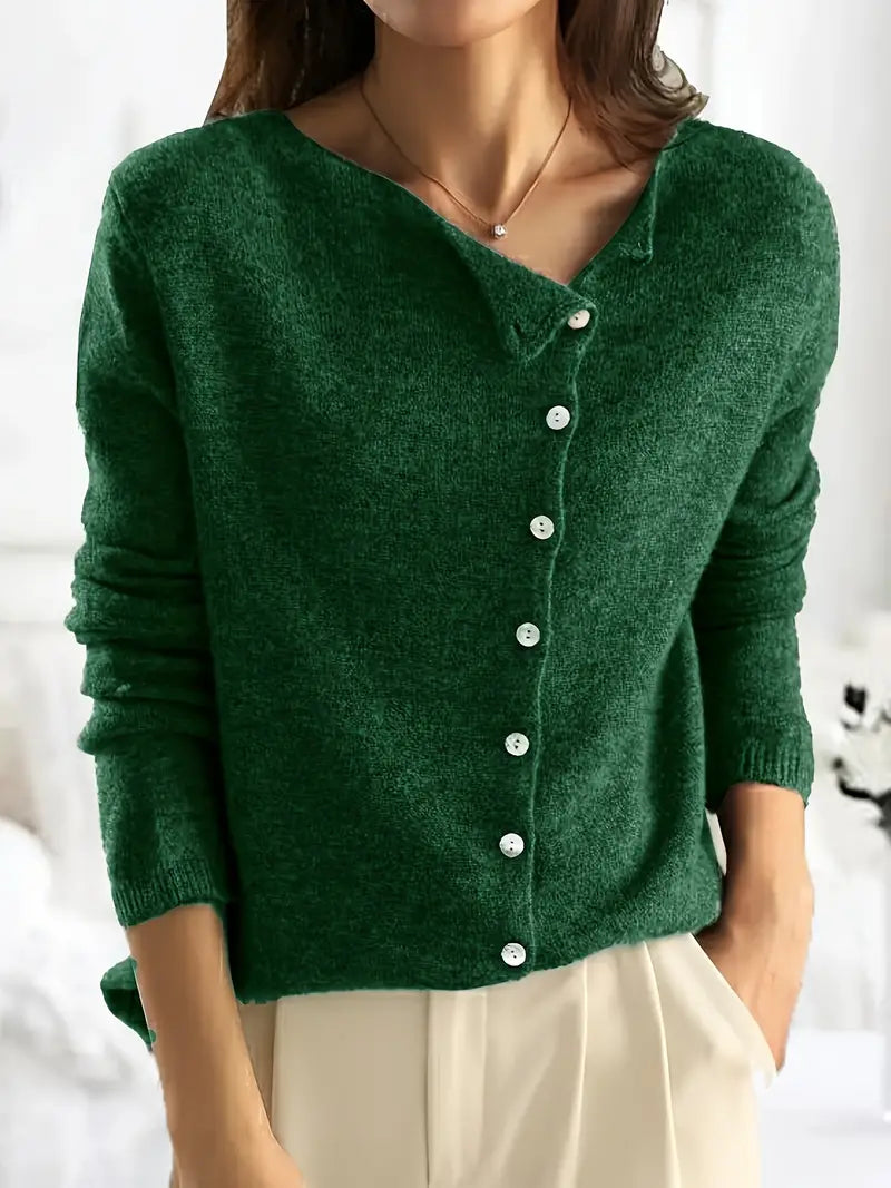 Elegant Sienna women's asymmetrical button cardigan. Versatile long sleeve layering sweater for chic style.