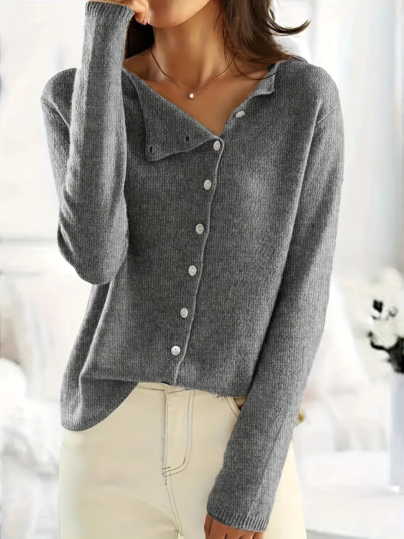 Women's Sienna asymmetrical cardigan with decorative buttons. Long sleeve polyester sweater for chic layering.