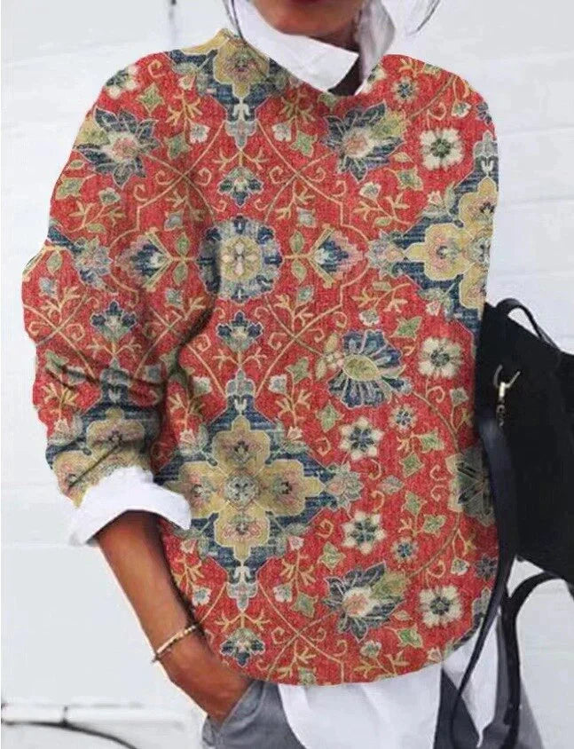 Elegant women's patterned sweater, Sienna print. A cozy long-sleeve pullover for chic fall & winter fashion.
