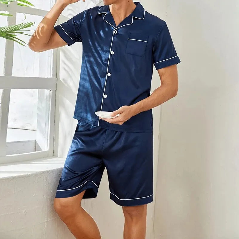Elegant two-piece women's satin pajama set, perfect for comfortable lounging & sleep.