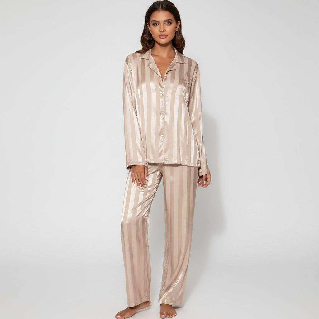 Carla satin pajama set for women, comfortable and silky nightwear, perfect for relaxing at home.