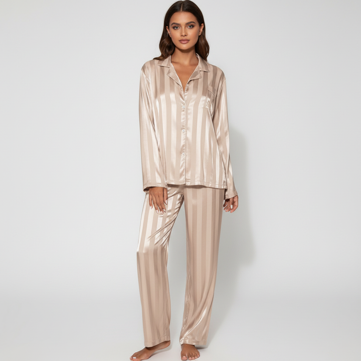 Carla satin pajama set for women, comfortable and silky nightwear, perfect for relaxing at home.