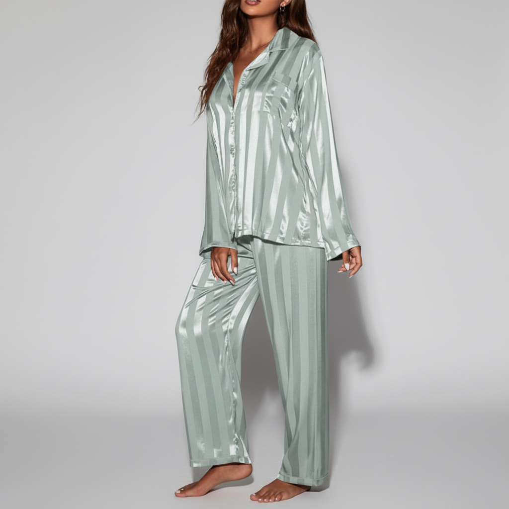 Women's loungewear set in silky satin, featuring a chic design for elegant sleepwear.