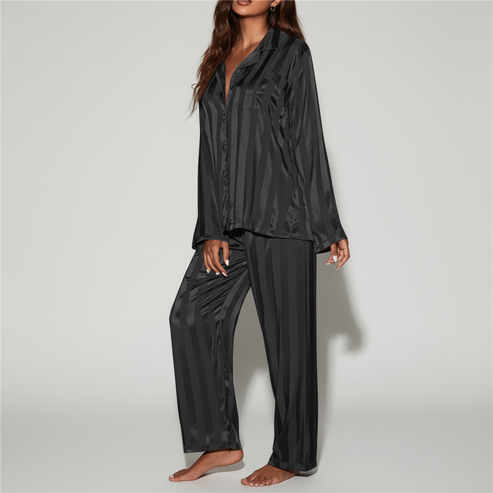 Silky pajama set for women, soft and luxurious satin sleepwear, ideal for relaxation.