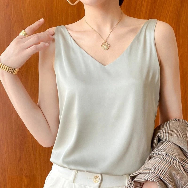 Chic women's soft silk tank top, ideal for summer fashion, casual outfits, or elegant dressy looks.