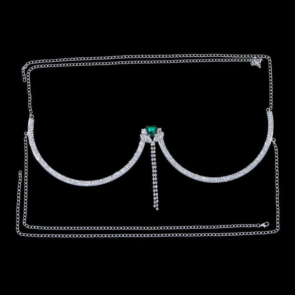 Glamorous women's silver chest chain featuring sparkling heart crystals & rhinestones, a perfect statement accessory.