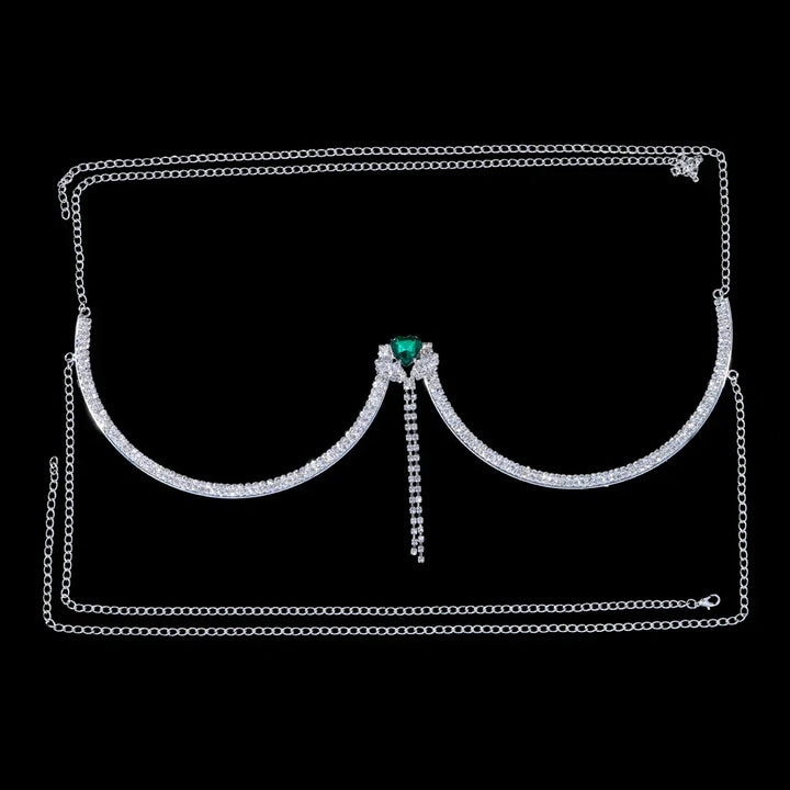 Glamorous women's silver chest chain featuring sparkling heart crystals & rhinestones, a perfect statement accessory.