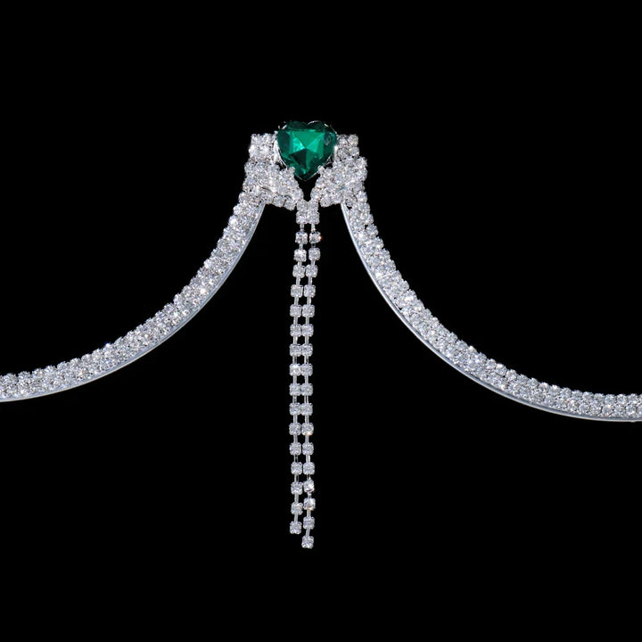 Dazzling women's silver heart crystal chest chain necklace, an exquisite rhinestone bodychain for elegant style.