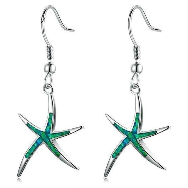 Shimmering opal starfish earrings for women, sterling silver, coastal-inspired marine life jewelry, elegant gift.