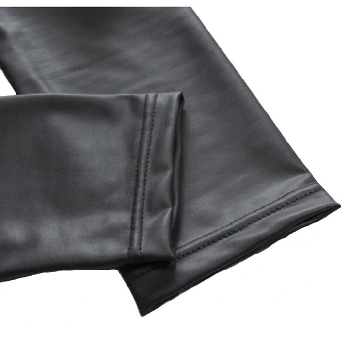 Black high-shine women's leggings, offering a sleek, modern, and comfortable slim fit. Edgy and chic.
