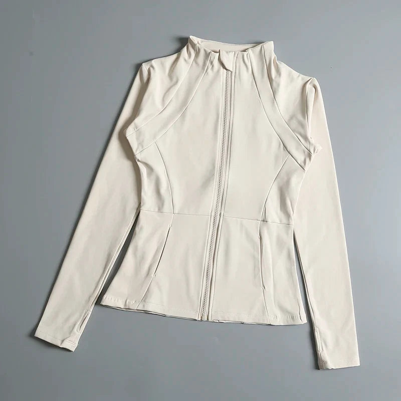 Sleek seamless long-sleeve compression yoga top for women, featuring a stylish stand collar.