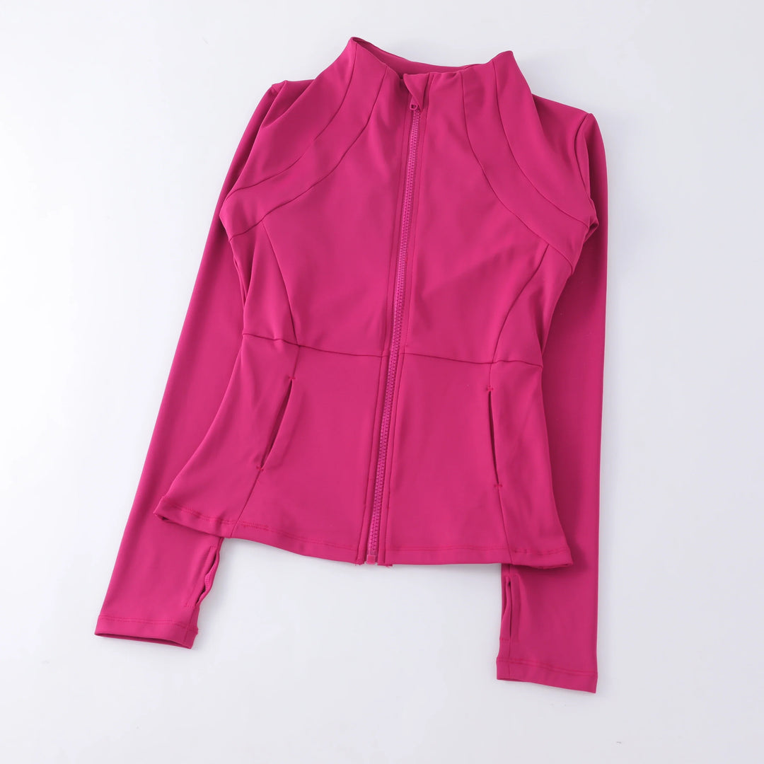 Women's performance yoga top, long-sleeve & compression, with stand collar for active workouts.