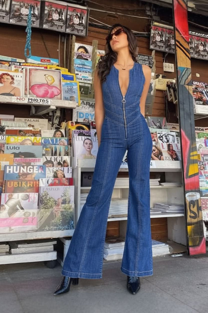 Women's sleek deep V-neck jumpsuit with tailored fit, perfect for elegant evening wear or chic casual outfits.