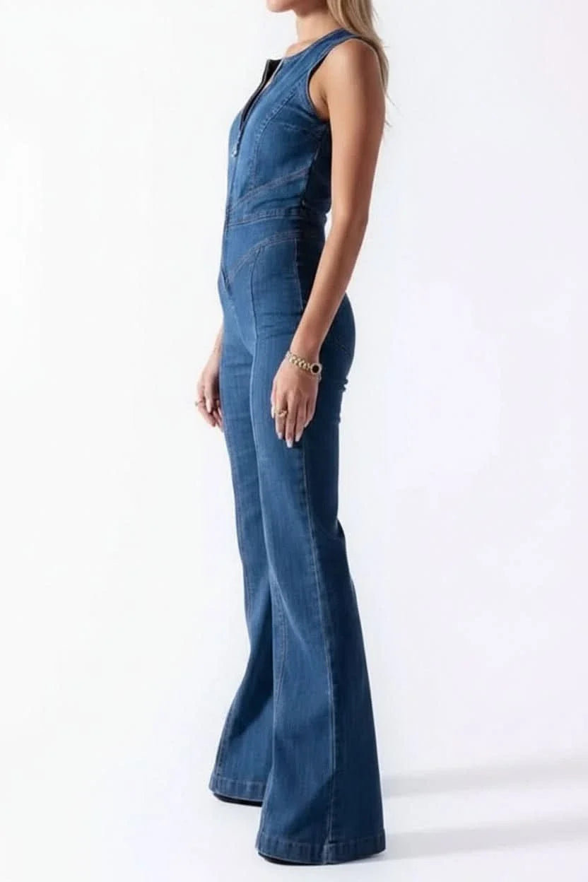 Tailored women's jumpsuit featuring a deep V-neck and stylish flared legs, a versatile one-piece for modern fashion.