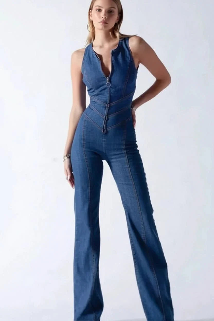 Elegant women's deep V-neck jumpsuit in black, ideal for versatile evening wear or sophisticated casual occasions.