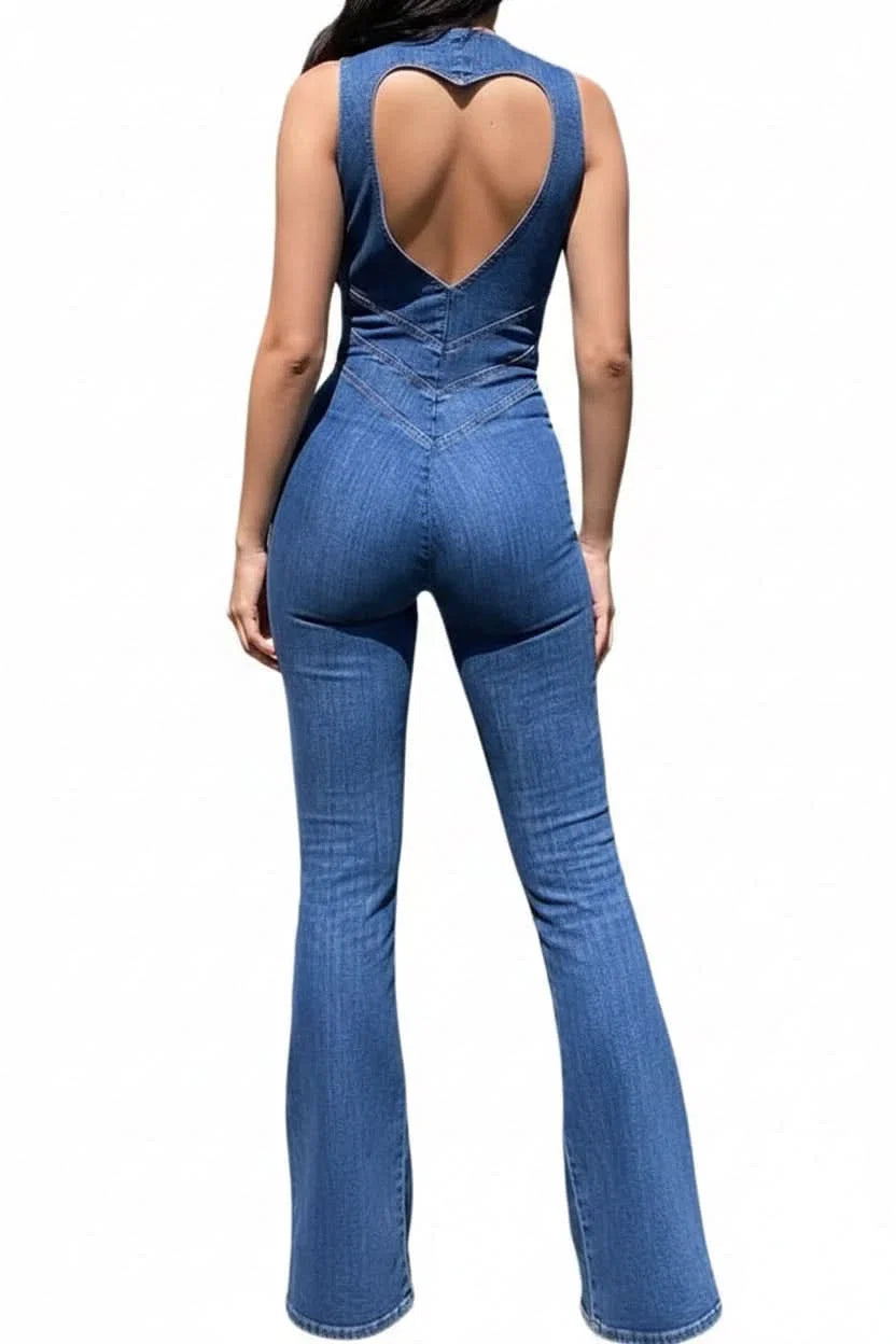 Chic deep V-neck women's jumpsuit with a modern, sleek design and comfortable flared leg. Perfect for any event.