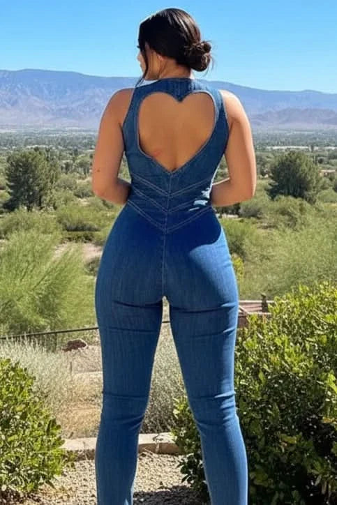 Modern women's deep V-neck jumpsuit, featuring a tailored waist and flowy flared legs for a chic, fashion-forward statement.