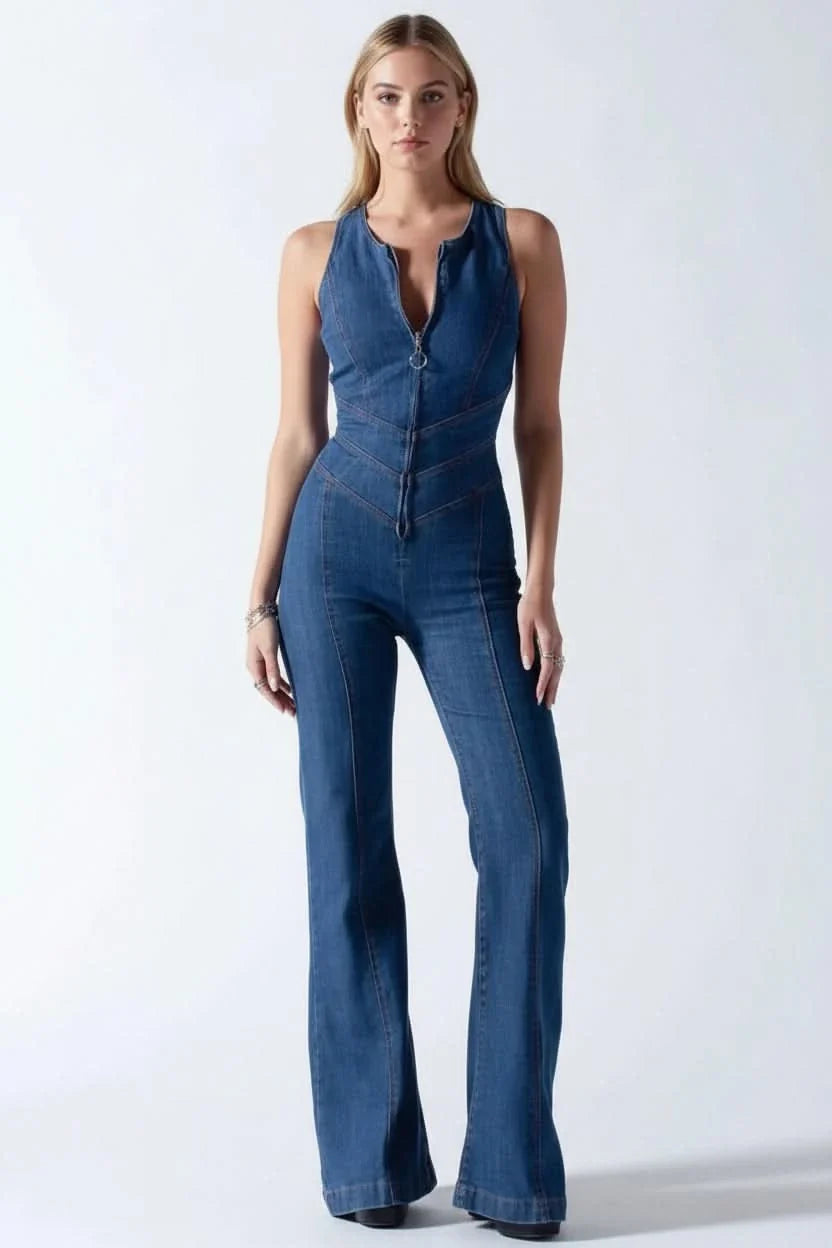 Elegant women's deep V-neck jumpsuit, a comfortable one-piece outfit perfect for sophisticated evening events.