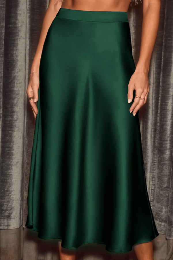 Versatile A-line midi skirt for women, elegant high-rise flowy design suitable for formal events & office.