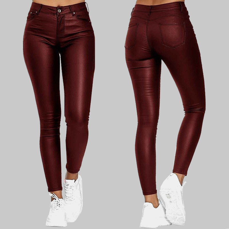 Close-up of women's sleek high-waist slim pants, emphasizing the clean lines and elegant design.