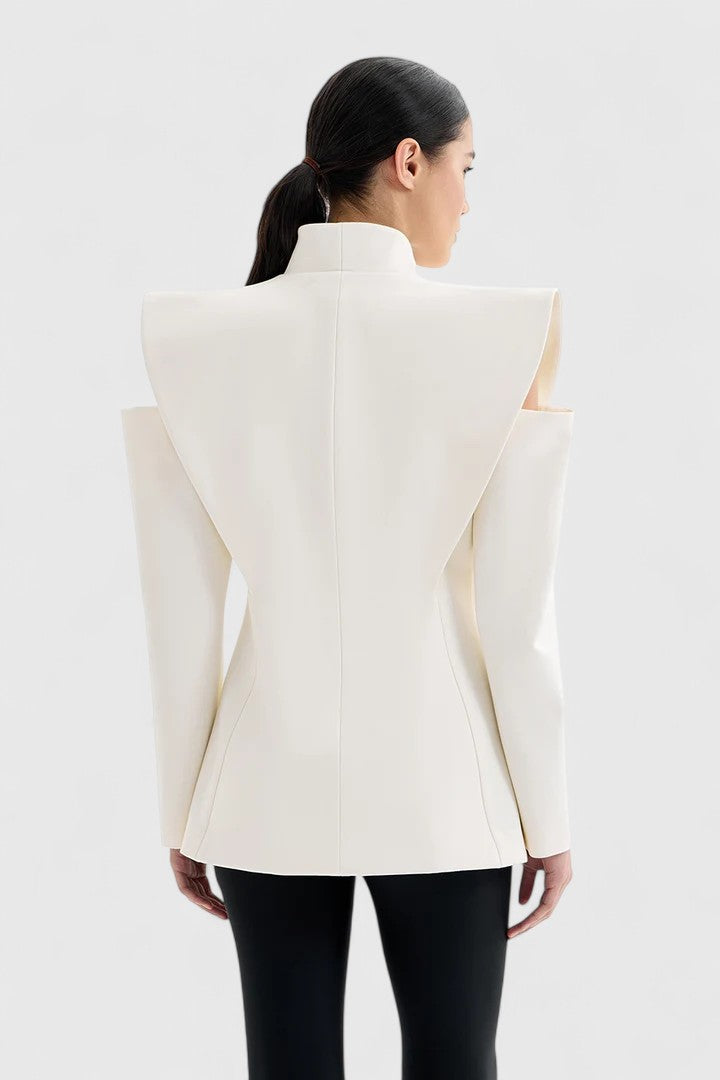 Designer-inspired women's sleek ivory structured-shoulder blazer, a sophisticated statement for formal or casual outfits.