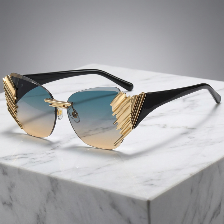 Futuristic sleek women's sunglasses, mirrored gradient lenses. Perfect fashion accessory for eye protection.