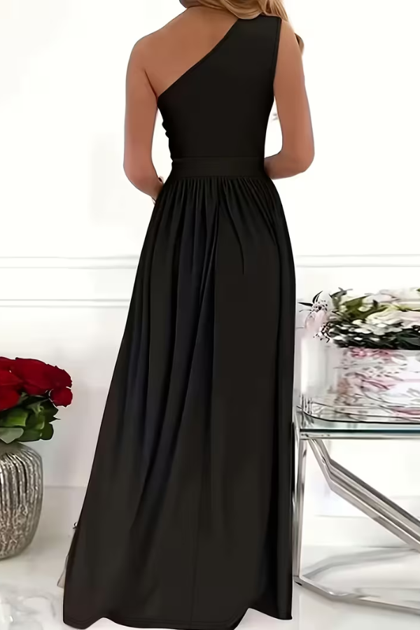 Elegant one shoulder slim fit maxi dress for women, ideal as a wedding guest or formal evening party dress.