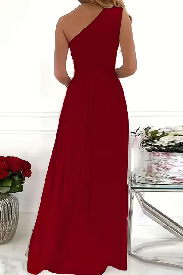 Long elegant women's maxi dress with one shoulder design, perfect for formal events & evening wear.