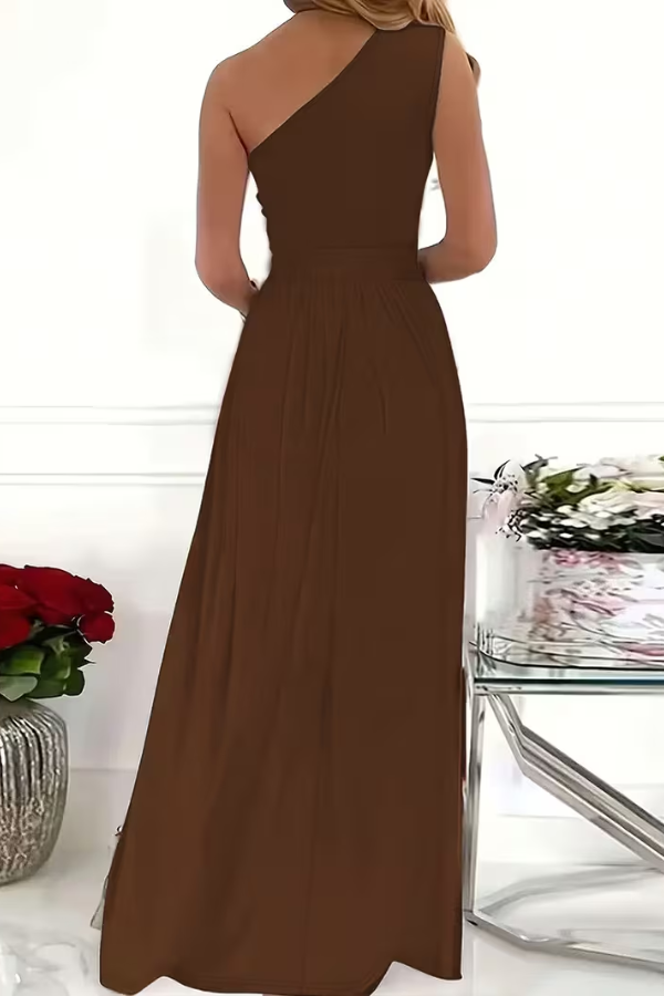 Chic one shoulder evening maxi dress, designed for women attending elegant parties & special formal occasions.