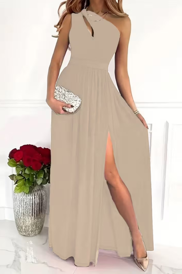 Graceful women's one shoulder slim fit dress, a beautiful maxi length for wedding guests & formal events.