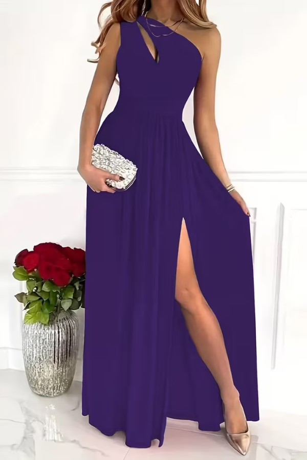 Elegant formal maxi dress, women's one shoulder design for evening wear, parties & wedding guest attire.