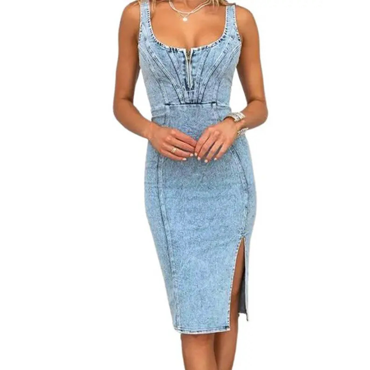 Versatile women's slim-fit midi dress with side slit, offering modern style and casual chic elegance.