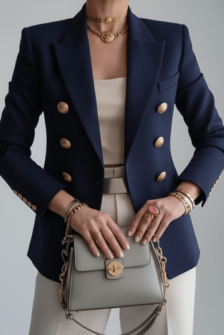 Elegant women's tailored blazer, ideal formal jacket for business attire or smart casual style.