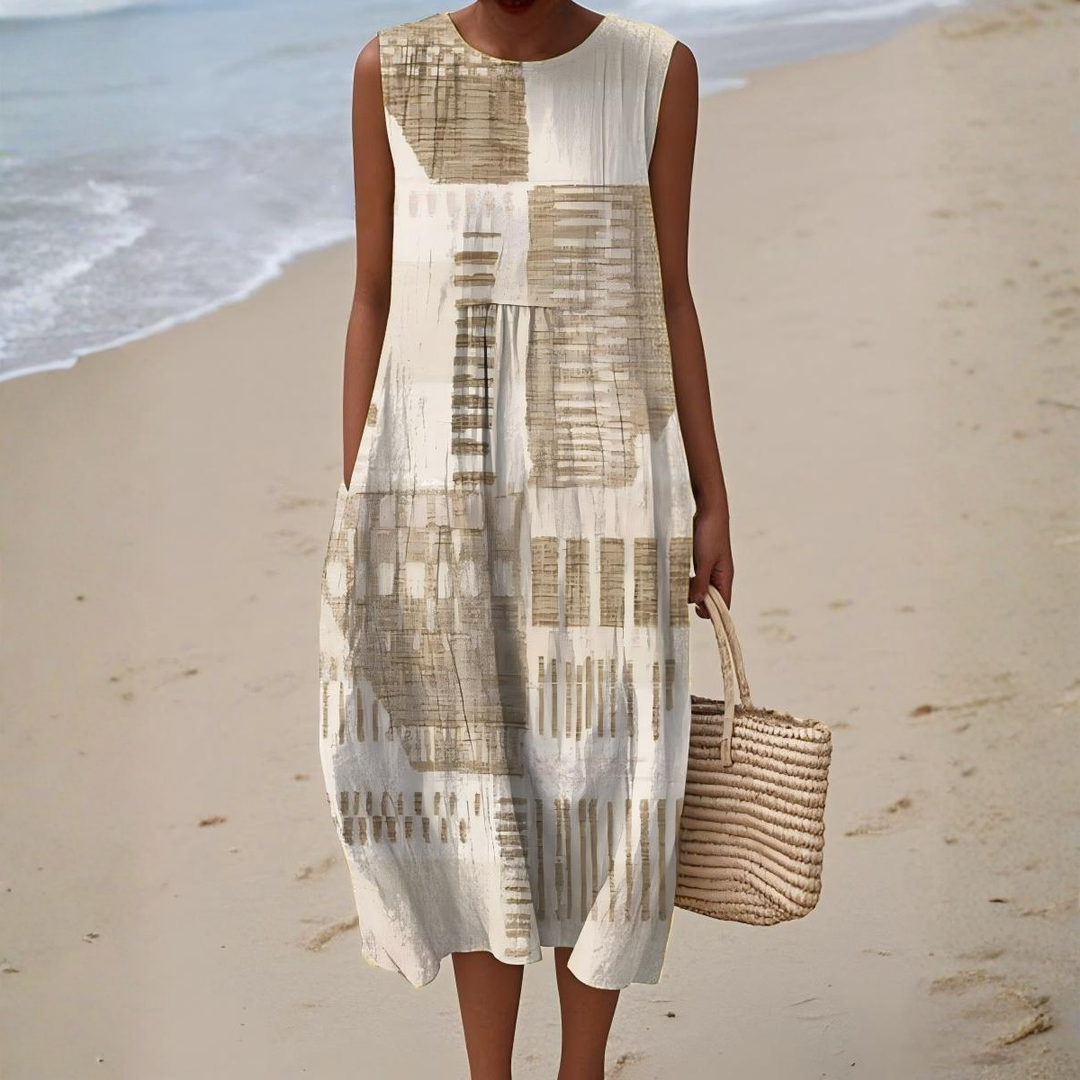 Women's sleeveless abstract print midi dress. Effortless summer style, perfect for casual wear & vacation comfort.